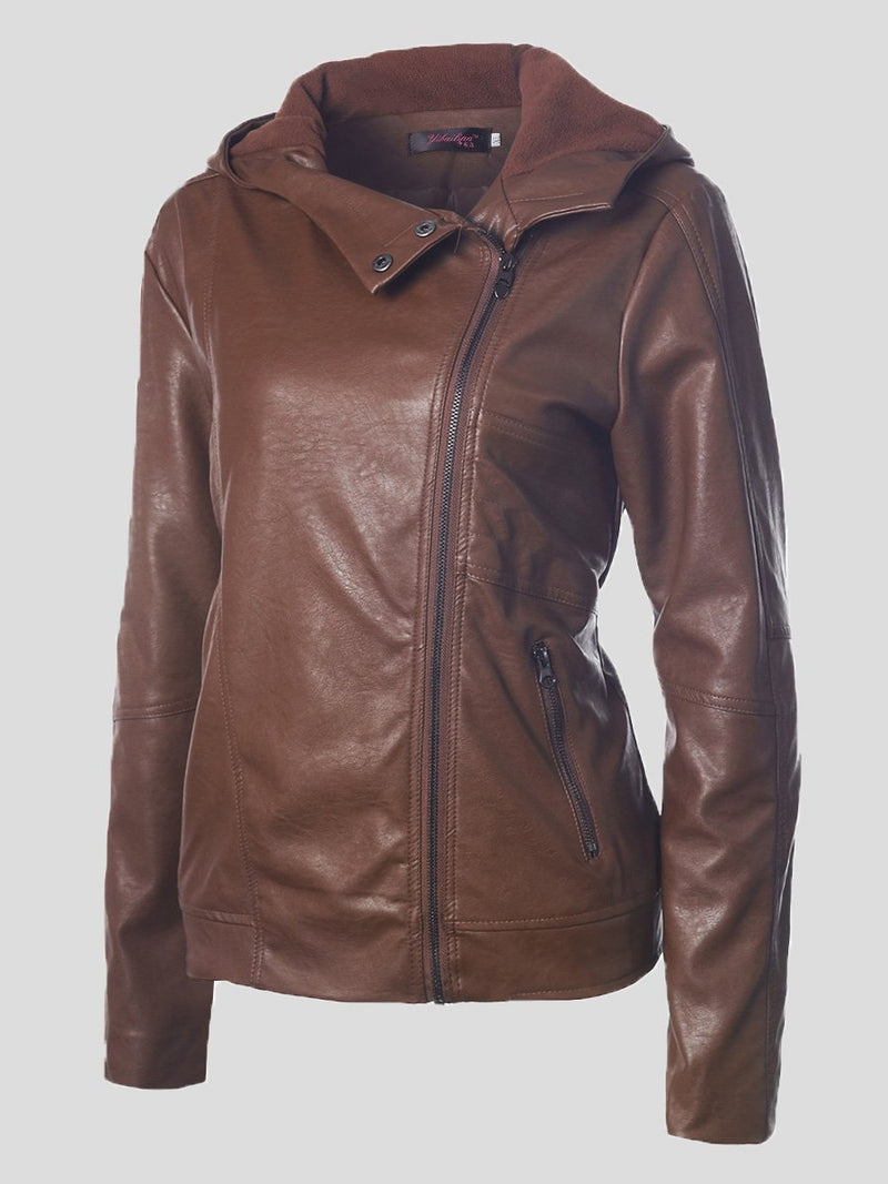 Women's Jackets Vintage Long Sleeve Hooded Leather Jacket