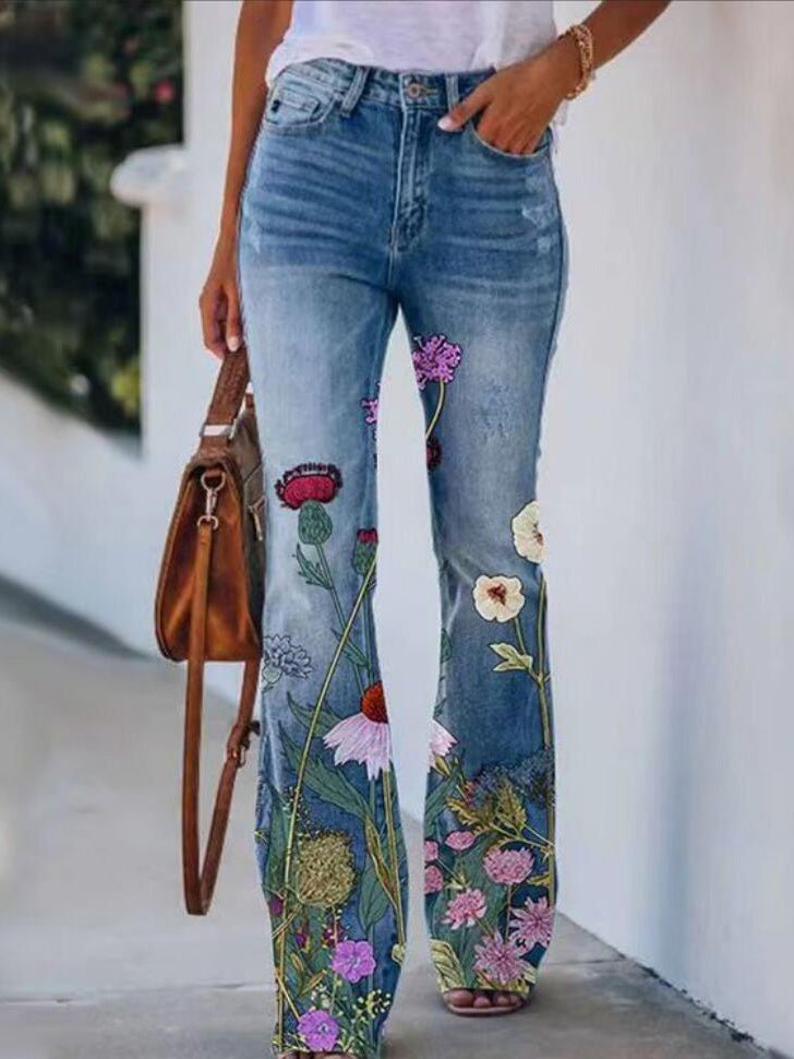 Women's Jeans Printed Single-Breasted Pocket Casual Jeans