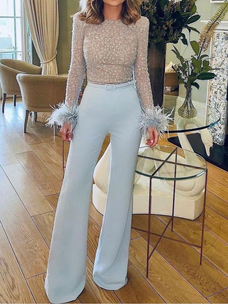 Women's Jumpsuits Feather Sequin Stitching Long Sleeve Jumpsuit
