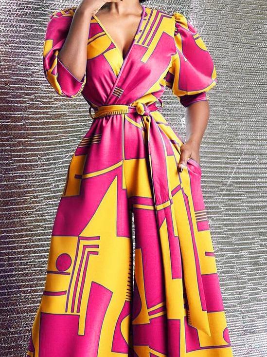 Women's Jumpsuits High-Waisted V-Neck Printed Wide-Leg Jumpsuit