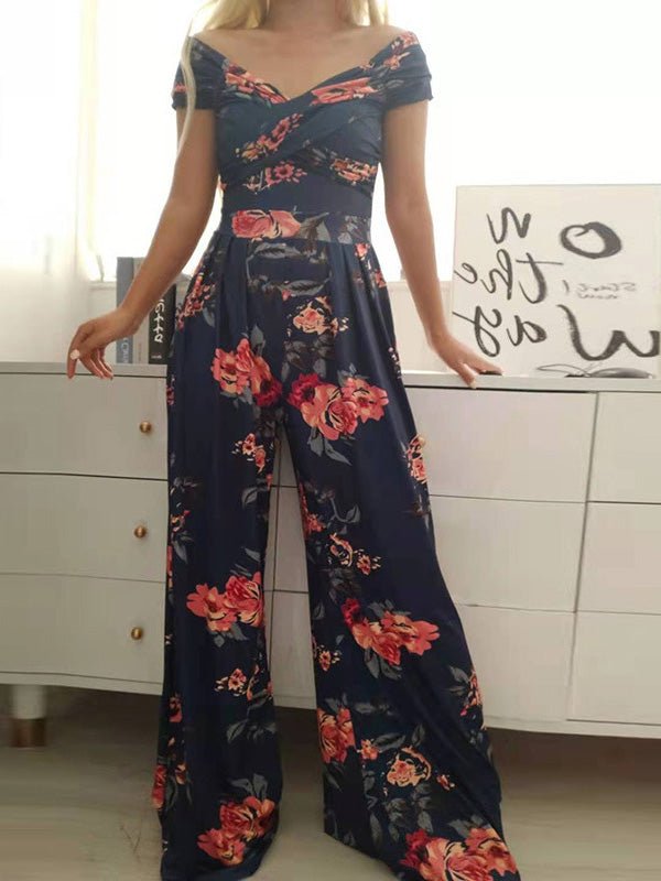 Women's Jumpsuits Off Shoulder Print High Waist Wide Leg Jumpsuit