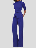 Women's Jumpsuits Solid Five-Point Sleeve Belted Wide-Leg Jumpsuit