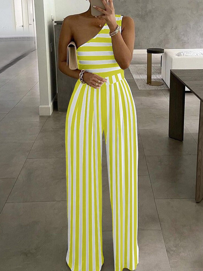 Women's Jumpsuits Striped Print One-Shoulder Jumpsuit