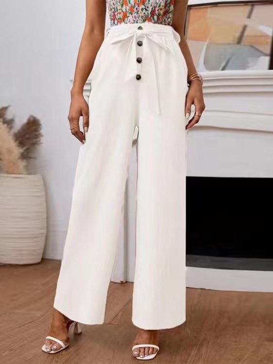 Women's Pants Casual Solid Button Lace Up Wide Leg Pants