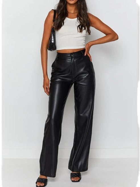 Women's Pants Fashion Pocket Stretch PU Leather Pants