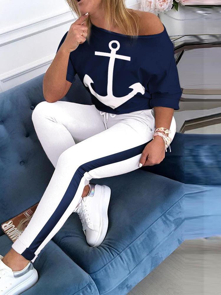Women's Sets Anchor Print V-Neck Long Sleeve T-Shirt & Trousers Two-Piece Suit
