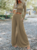 Women's Sets Casual Long Sleeve Crop Top & Wide Leg Pants Knit Two Piece Set