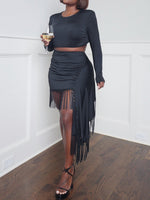 Women's Sets Crop Long Sleeve T-Shirt & Fringe Skirt Two Piece Set