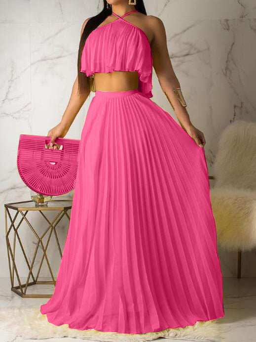 Women's Sets Halter Pleated Top & Skirt Two-Piece Set