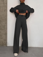 Women's Sets High Neck Long Sleeve Top & Wide-Leg Pants Two-Piece Suit