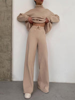 Women's Sets High Neck Long Sleeve Top & Wide-Leg Pants Two-Piece Suit