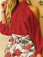 Women's Sets High Neck Off Shoulder Shirt & Print Skirt Two Piece Set