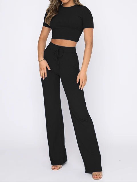 Women's Sets High Stretch Short Sleeve & Wide Leg Pants Two Piece Set