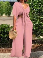 Women's Sets Lace-Up Short Sleeve Top & Wide Leg Pants Two Piece Set