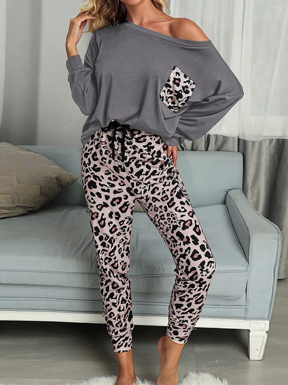 Women's Sets Leopard Print Pocket T-Shirt & Pants Two-Piece Set