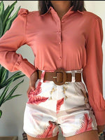 Women's Sets Long Sleeve Lapel Shirt Belt Print Shorts Two Piece Set