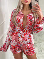 Women's Sets Long Sleeve Shirt Shorts Bandana Three Piece Set