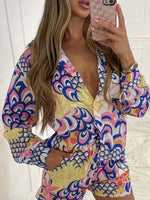 Women's Sets Long Sleeve Shirt Shorts Bandana Three Piece Set