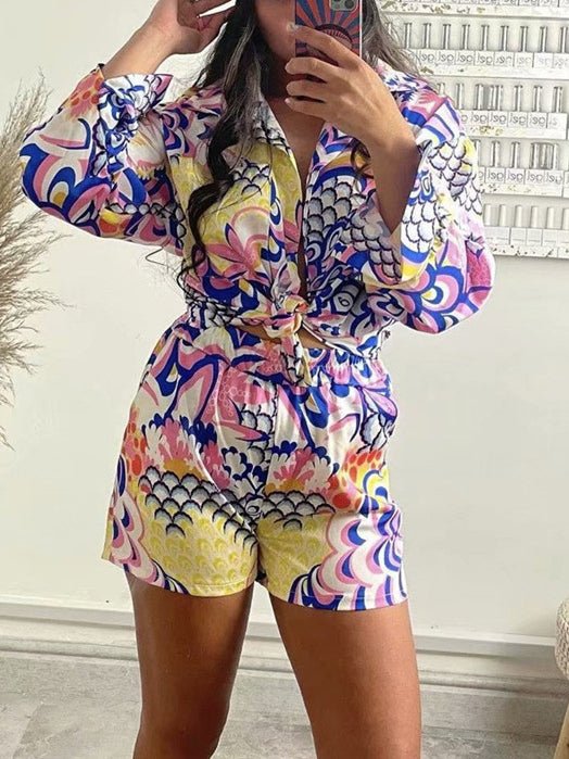 Women's Sets Long Sleeve Shirt Shorts Bandana Three Piece Set