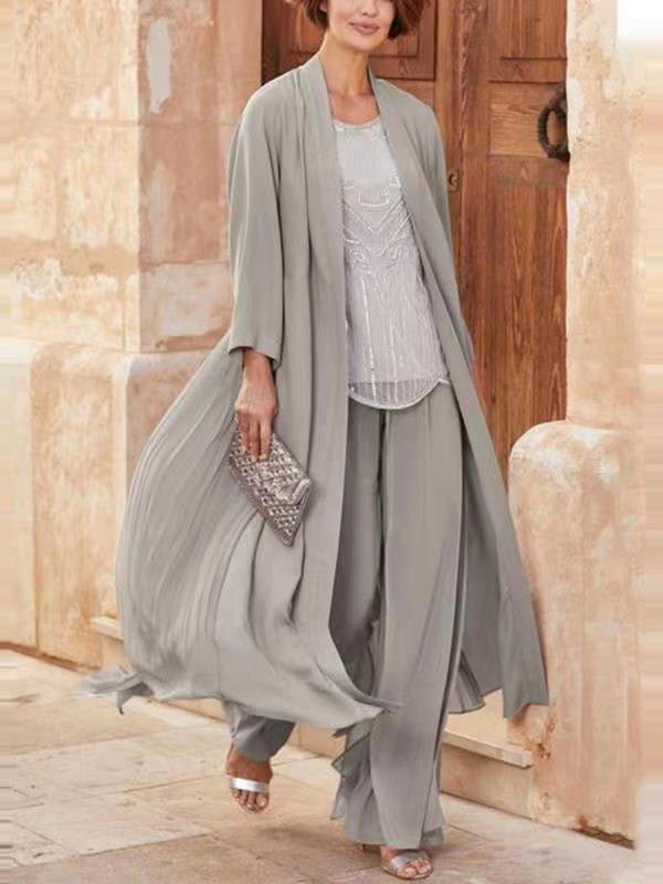 Women's Sets Loose Solid Long Cardigan & Trousers Two-Piece Set