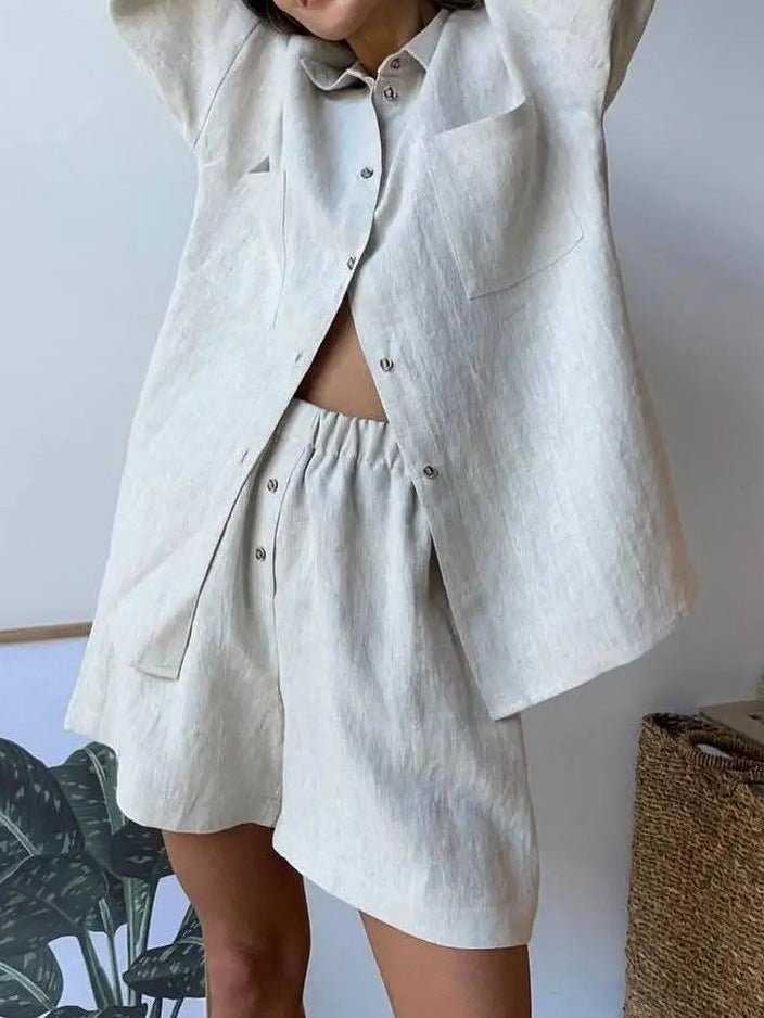 Women's Sets Loose Solid Long Sleeve Shirt & Shorts Two-Piece Set