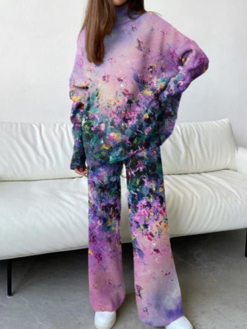 Women's Sets Print Turtleneck Long Sleeve Trousers Two Piece Sets