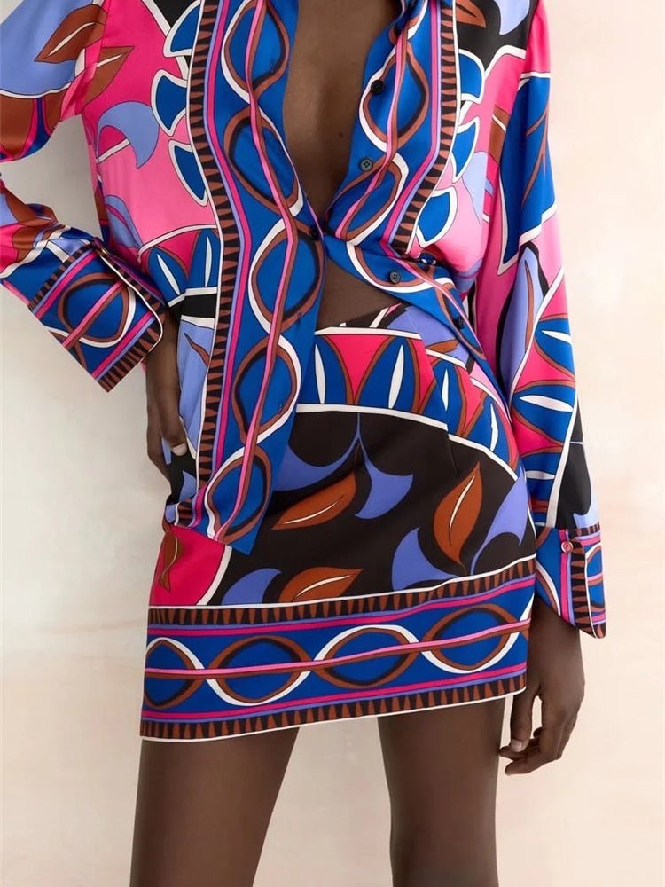 Women's Sets Printed Long Sleeve Shirt & Skirt Two Piece Set