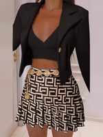 Women's Sets Printed Slim Fit Blazers & Pleated Skirt Two Piece Set