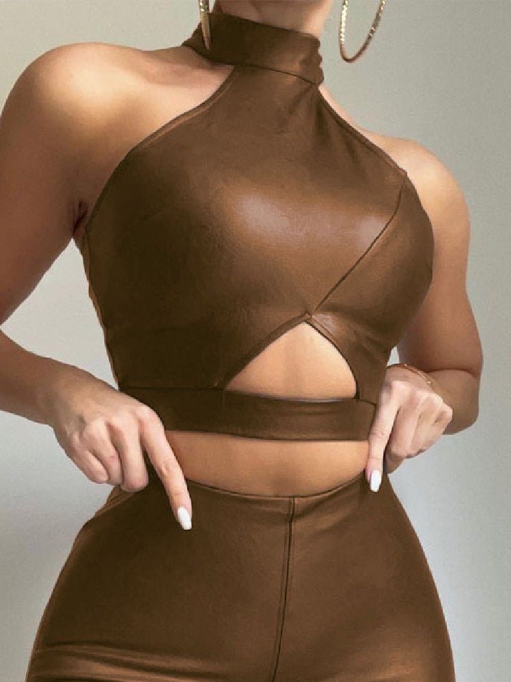 Women's Sets PU Leather Cutout Crop Top & Pants Slim Fit Two Piece Set