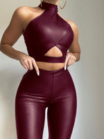 Women's Sets PU Leather Cutout Crop Top & Pants Slim Fit Two Piece Set