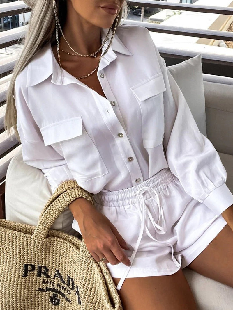 Women's Sets Solid Long Sleeve Shirt & Shorts Two Piece Set