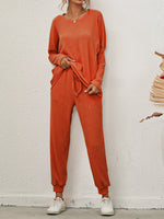 Women's Sets Solid Long Sleeve Top & Pants Casual Two-Piece Set