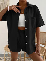 Women's Sets Solid Short Sleeve Shirt & Shorts Two Piece Set