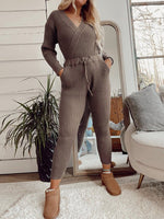 Women's Sets Solid V-Neck Long Sleeve Pants Casual Two-Piece Set