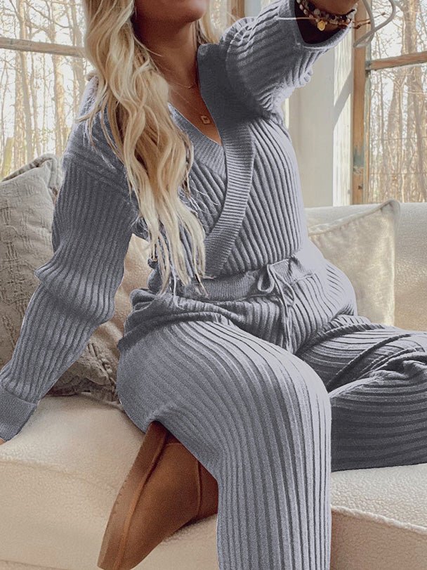 Women's Sets Solid V-Neck Long Sleeve Pants Casual Two-Piece Set