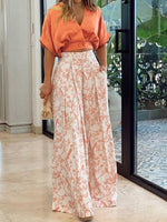 Women's Sets V-Neck Crop Top & Printed Wide-Leg Pants Two-Piece Set