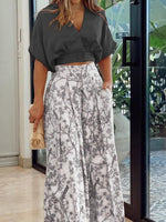 Women's Sets V-Neck Crop Top & Printed Wide-Leg Pants Two-Piece Set