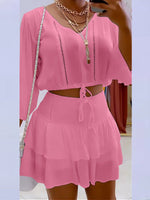 Women's Sets V-Neck Long Sleeve Top & Skirt Two Piece Set