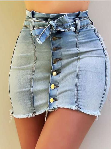 Women's Skirts High Waist Stretch Lace-Up Single-Breasted Denim Skirt