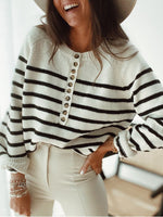 Women's Sweaters Fashion Striped Round Neck Button Sweater