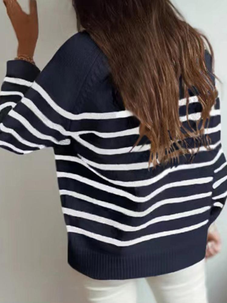 Women's Sweaters Fashion Striped Round Neck Button Sweater