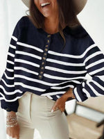 Women's Sweaters Fashion Striped Round Neck Button Sweater