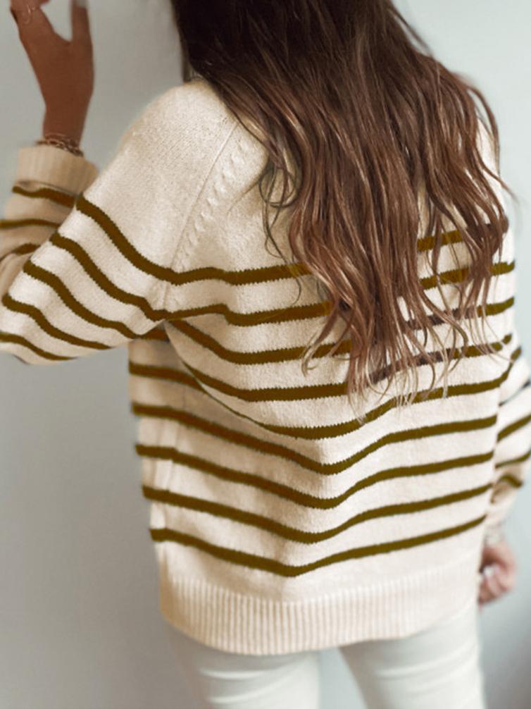 Women's Sweaters Fashion Striped Round Neck Button Sweater