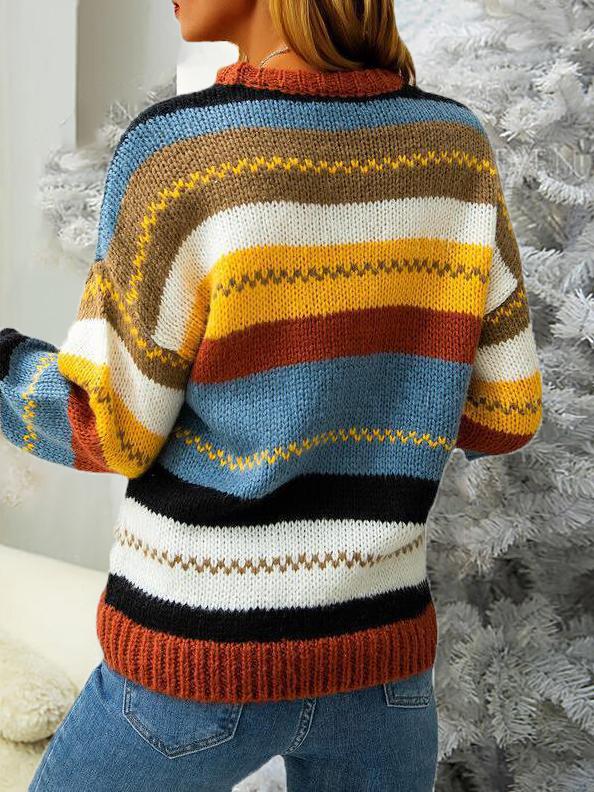 Women's Sweaters Multicolor Striped Round Neck Long Sleeve Sweater