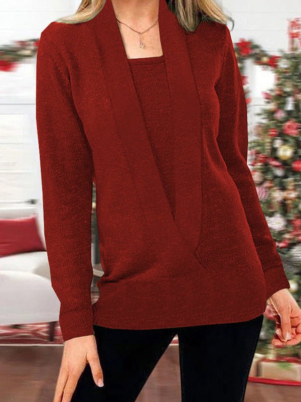 Women's Sweaters Solid Long Sleeve Fake Two-Piece Knit Sweater