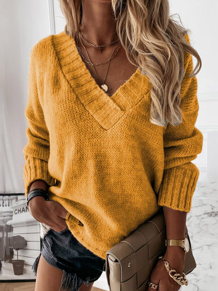 Women's Sweaters Solid V-Neck Long Sleeve Knit Sweater