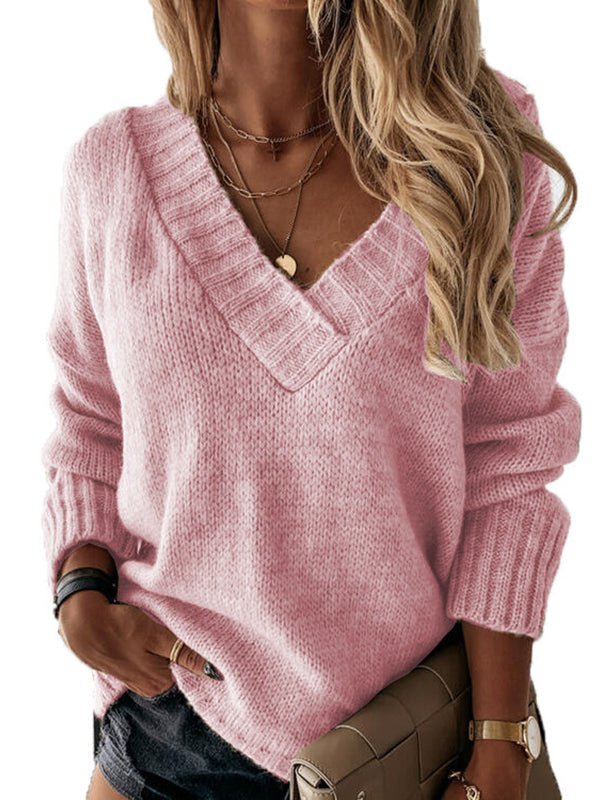 Women's Sweaters Solid V-Neck Long Sleeve Knit Sweater