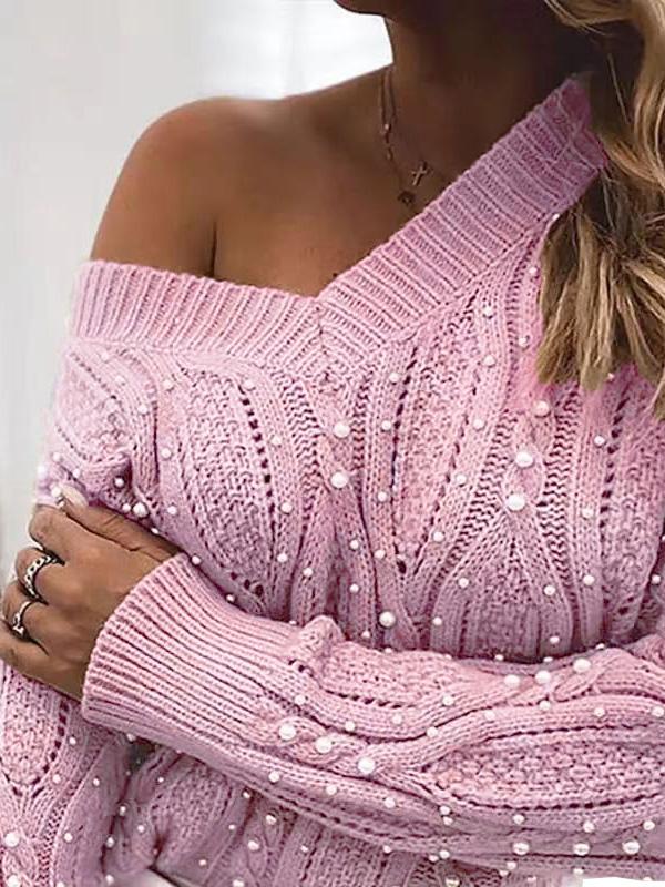 Women's Sweaters V-Neck Pullover Beaded Long Sleeve Sweater
