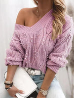 Women's Sweaters V-Neck Pullover Beaded Long Sleeve Sweater