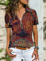Women's T-Shirts Bohemian Zip Lapel Short Sleeve T-Shirt